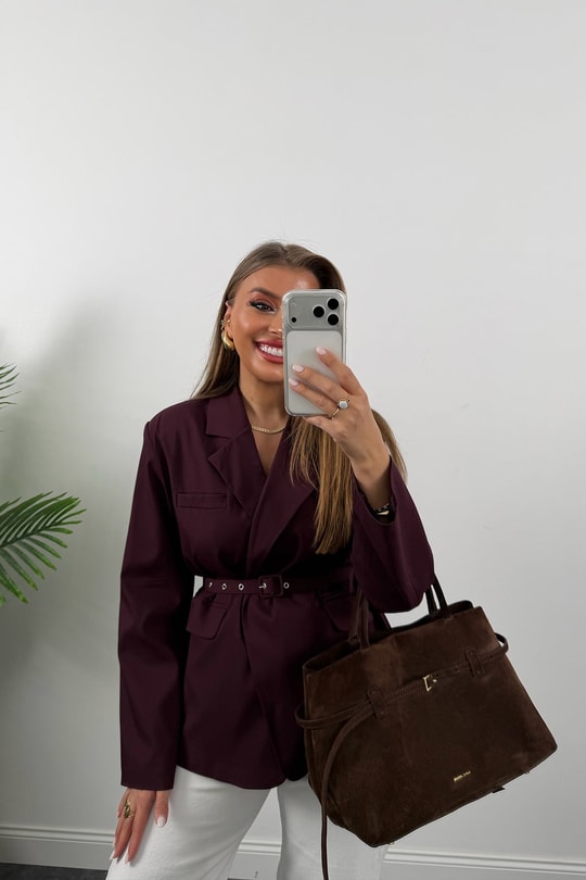 Premium Seri Kemerli Özel Dokulu Poliviskon Blazer Mürdüm