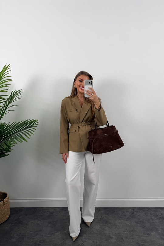 Premium Seri Kemerli Özel Dokulu Poliviskon Blazer Karamel