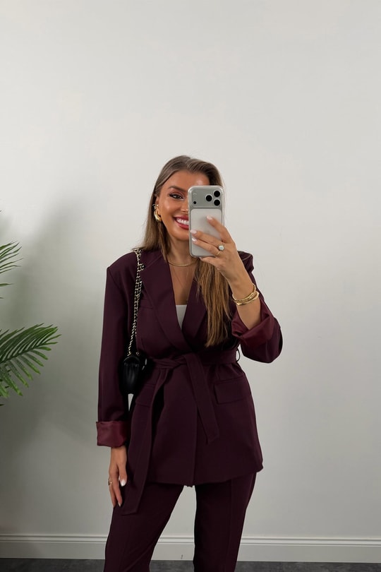 Premium Seri Kemerli Pantolon Ceket Takım Mürdüm