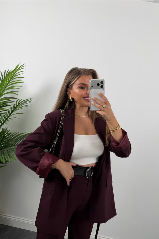 Premium Seri Kemerli Pantolon Ceket Takım Mürdüm