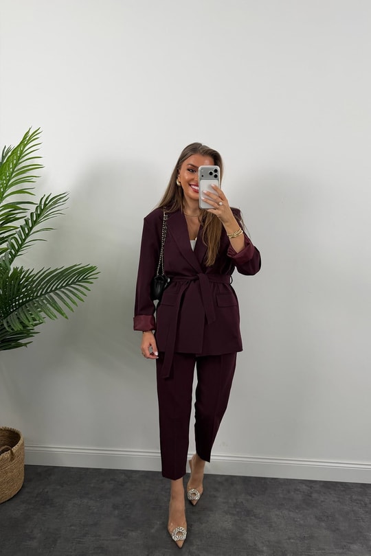 Premium Seri Kemerli Pantolon Ceket Takım Mürdüm