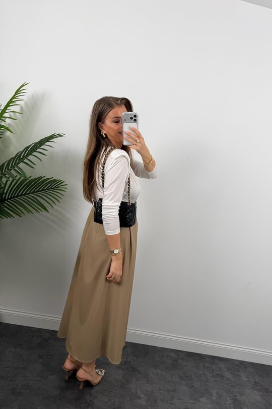 Premium Seri Kemerli Poliviskon Maxi Etek Camel