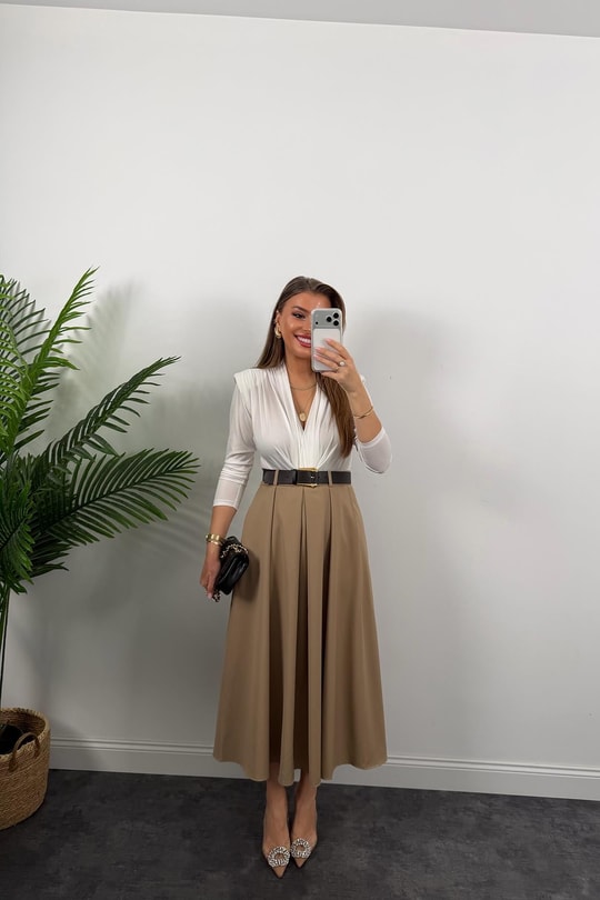 Premium Seri Kemerli Poliviskon Maxi Etek Camel
