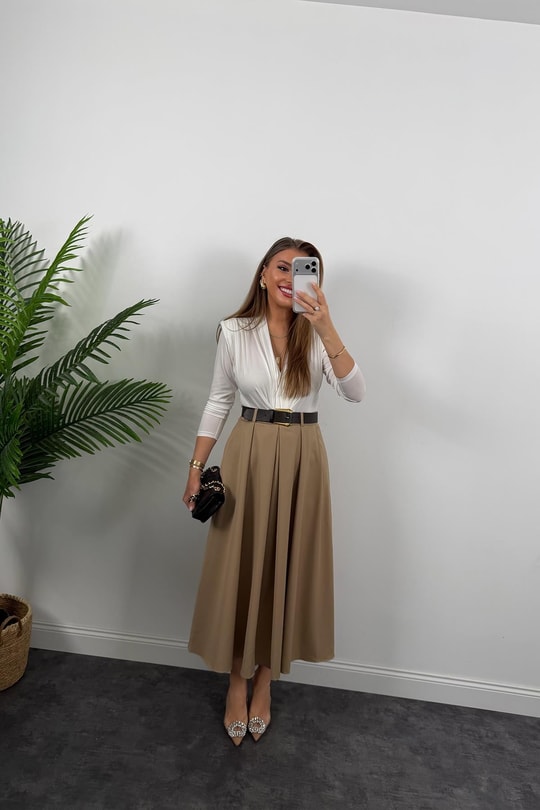 Premium Seri Kemerli Poliviskon Maxi Etek Camel