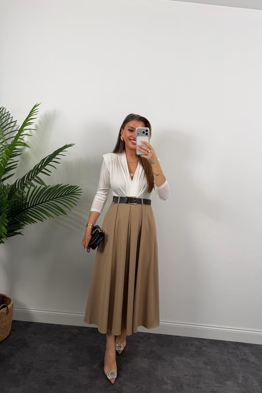 Premium Seri Kemerli Poliviskon Maxi Etek Camel