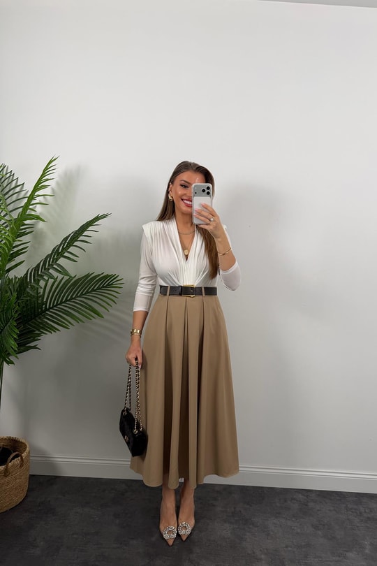 Premium Seri Kemerli Poliviskon Maxi Etek Camel