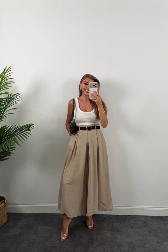 Premium Seri Kemerli Tensel Kumaş Etek Pantolon Bej
