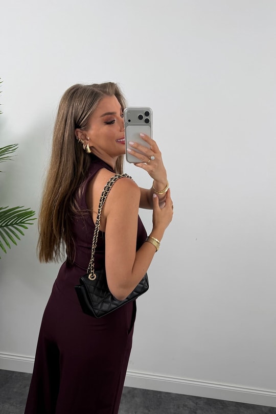 Premium Seri Kemerli Yelek Palazzo Takım Mürdüm
