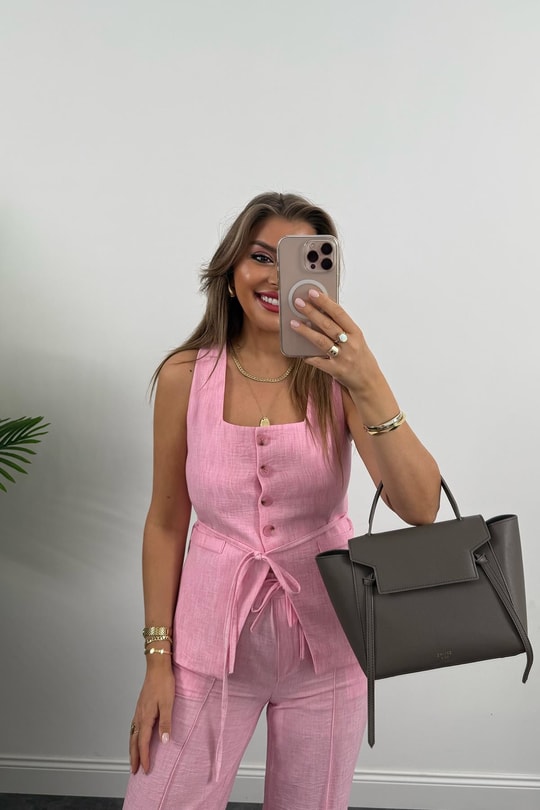 Premium Seri Kemik Düğmeli Yelek Palazzo Keten Takım Pembe