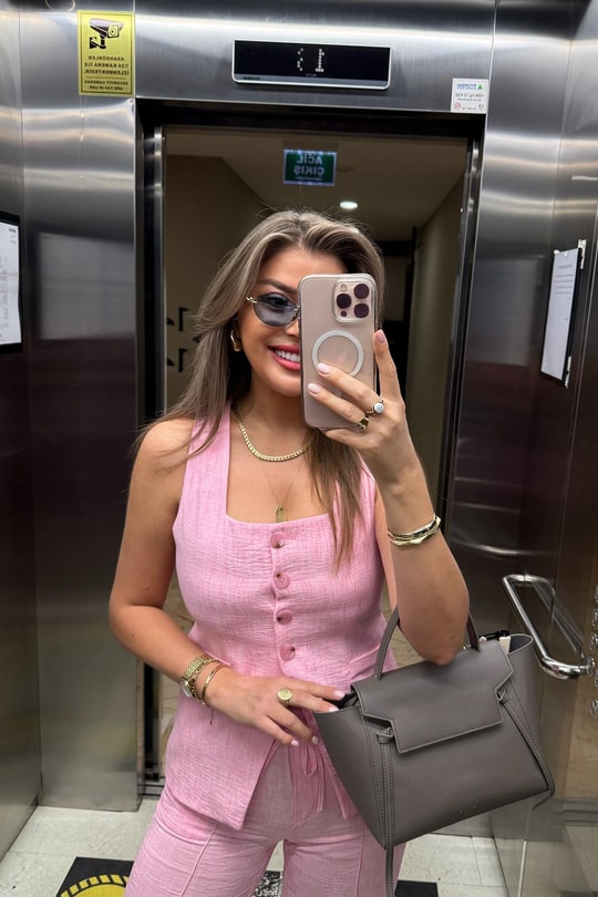 Premium Seri Kemik Düğmeli Yelek Palazzo Keten Takım Pembe