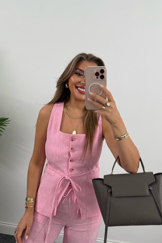 Premium Seri Kemik Düğmeli Yelek Palazzo Keten Takım Pembe