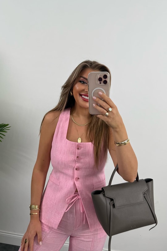 Premium Seri Kemik Düğmeli Yelek Palazzo Keten Takım Pembe