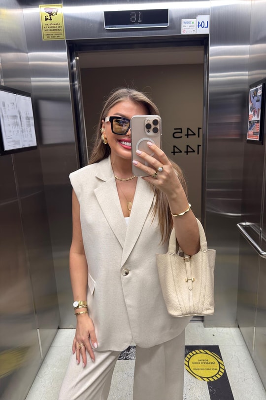 Premium Seri Keten Yelek Palazzo Takım Taş