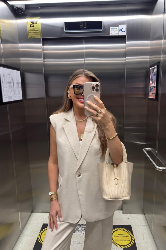 Premium Seri Keten Yelek Palazzo Takım Taş