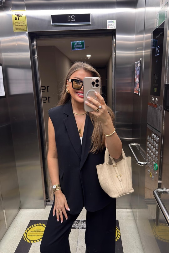 Premium Seri Keten Yelek Palazzo Takım Siyah