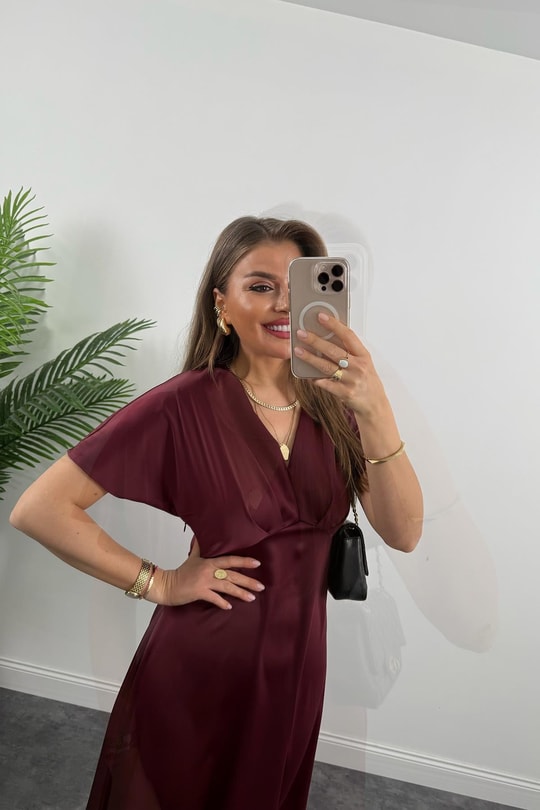 Premium Seri Kimono Kol Tok Saten Midi Boy Dökümlü Elbise Bordo