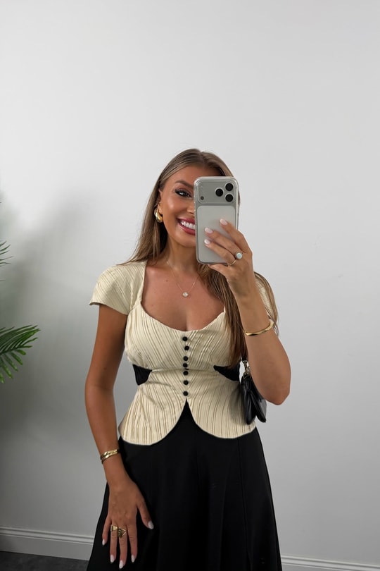 Premium Seri Kısa Kol Korse Tasarım Bluz Taş