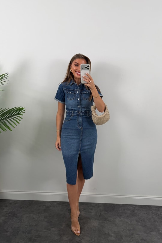Premium Seri Kısa Kol Likralı Midi Boy Jean Elbise 