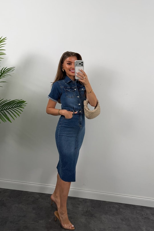Premium Seri Kısa Kol Likralı Midi Boy Jean Elbise 