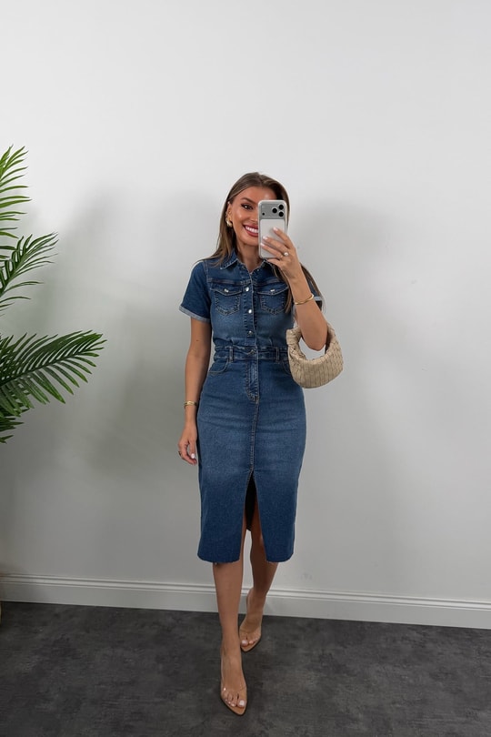 Premium Seri Kısa Kol Likralı Midi Boy Jean Elbise 