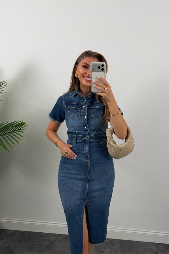 Premium Seri Kısa Kol Likralı Midi Boy Jean Elbise 