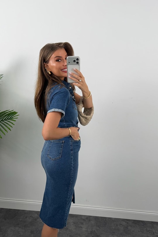 Premium Seri Kısa Kol Likralı Midi Boy Jean Elbise 