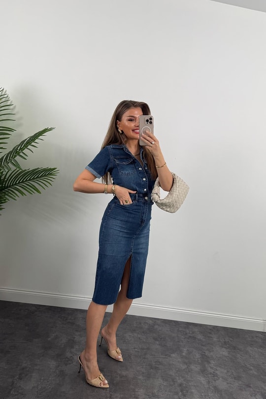 Premium Seri Kısa Kol Midi Boy Jean Elbise