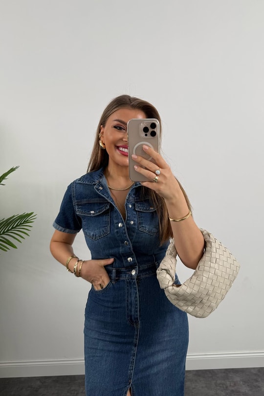 Premium Seri Kısa Kol Midi Boy Jean Elbise