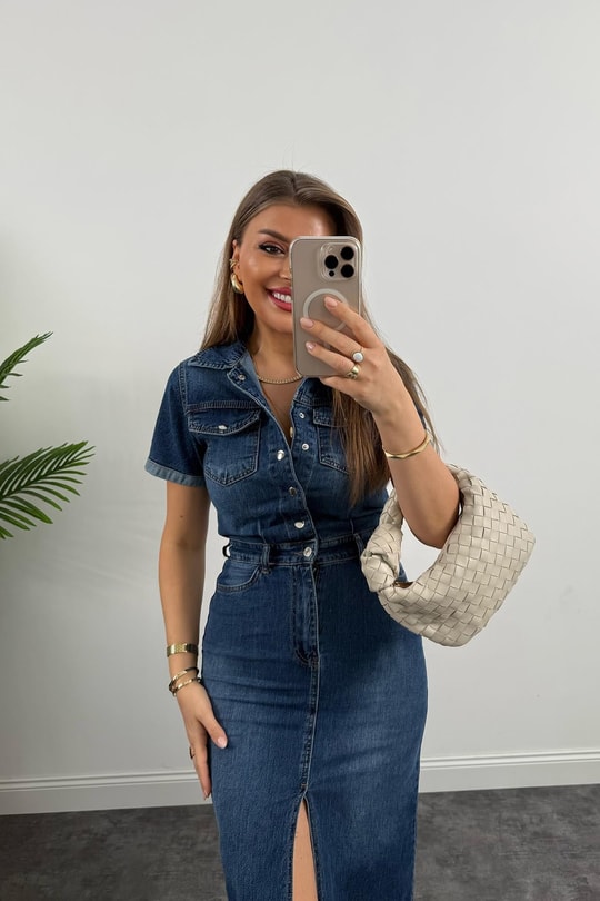 Premium Seri Kısa Kol Midi Boy Jean Elbise