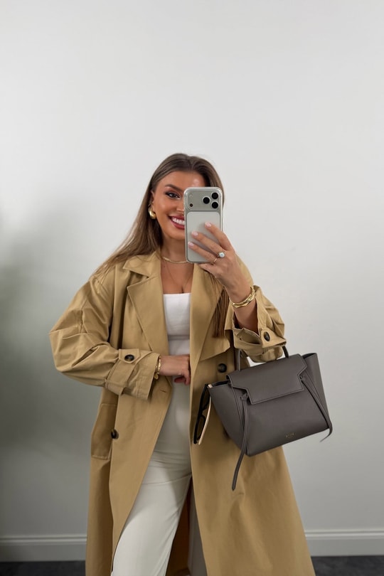 Premium Seri Kol Detaylı Özel Kumaş Maxi Trenç Camel