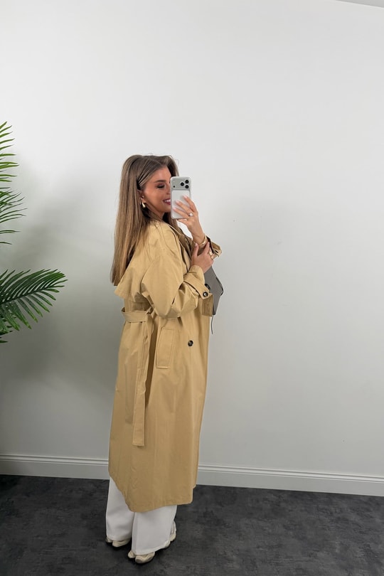Premium Seri Kol Detaylı Özel Kumaş Maxi Trenç Camel