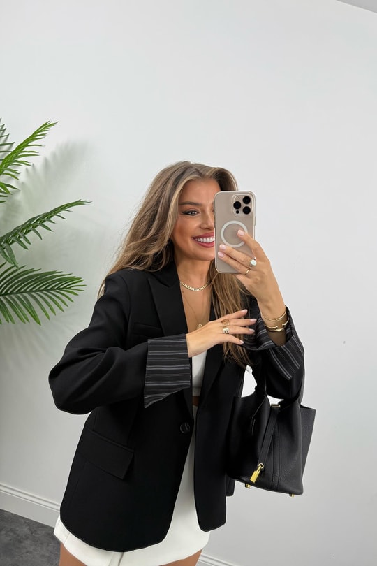 Premium Seri Kol Manşeti Çizgili Double Kumaş Blazer Ceket Siyah