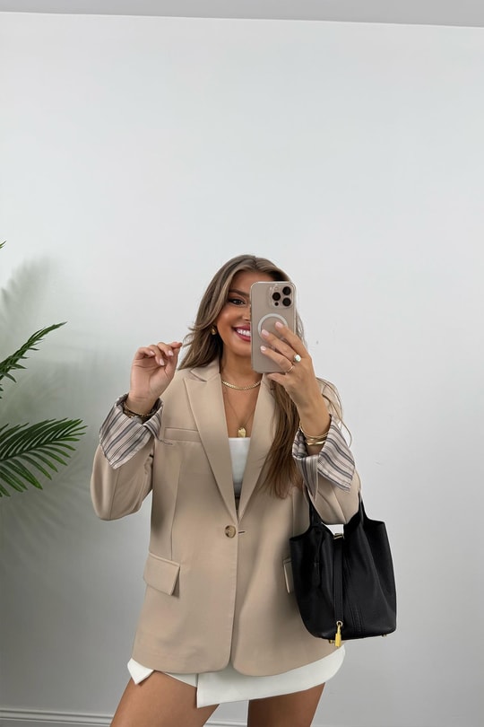 Premium Seri Kol Manşeti Çizgili Double Kumaş Blazer Ceket Taş