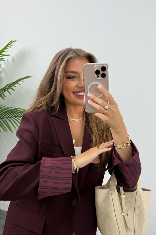 Premium Seri Kol Manşeti Çizgili Double Kumaş Blazer Ceket Mürdüm