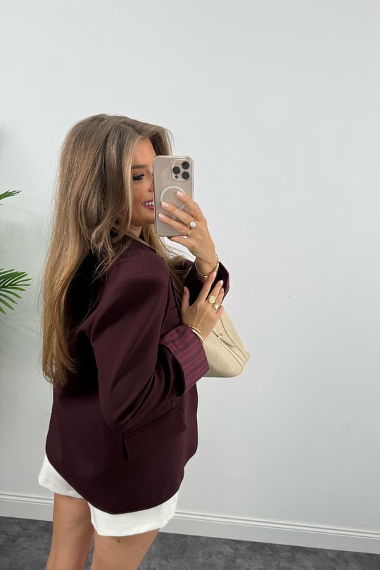 Premium Seri Kol Manşeti Çizgili Double Kumaş Blazer Ceket Mürdüm