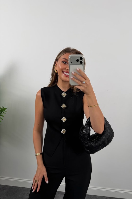 Premium Seri Kristal Düğmeli Çelik Triko Yelek Siyah
