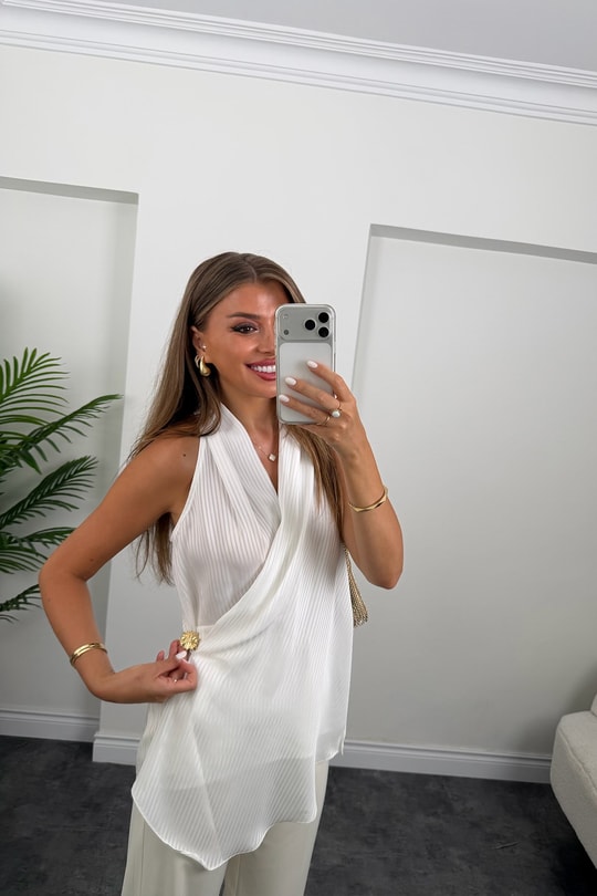 Premium Seri Kruvaze Dökümlü Bluz Beyaz