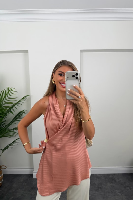 Premium Seri Kruvaze Dökümlü Bluz Somon