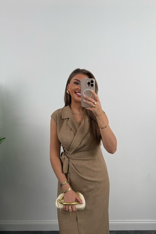 Premium Seri Kruvaze Kesim Keten Midi Elbise Vizon