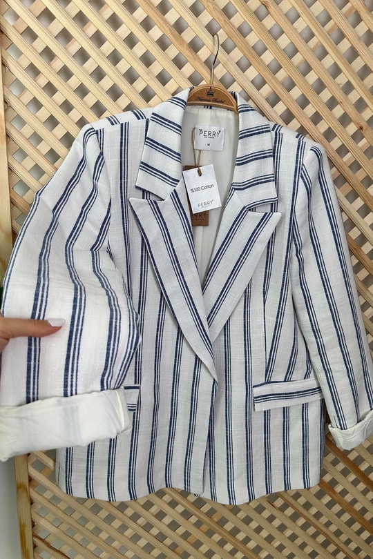 Premium Seri Lacivert Beyaz Çizgili Keten Blazer Ceket
