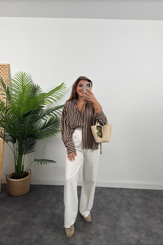 Premium Seri Lacivert Camel Çizgili Tensel Gömlek