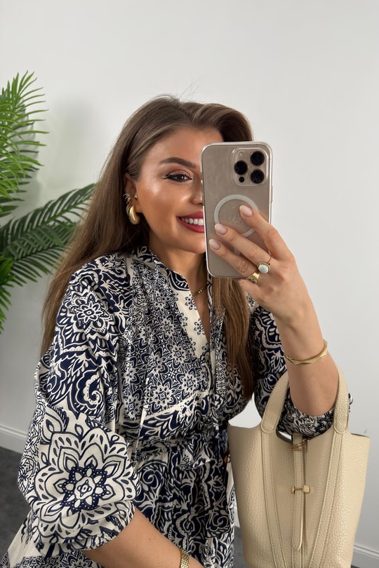 Premium Seri Lacivert Krem Desenli Kloş Poplin Elbise
