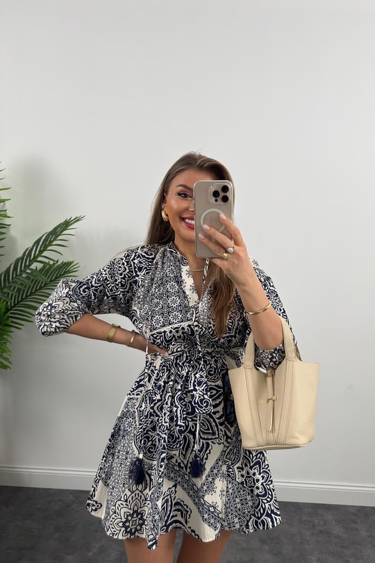 Premium Seri Lacivert Krem Desenli Kloş Poplin Elbise