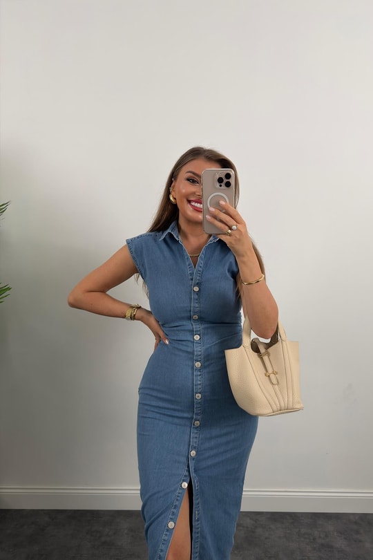 Premium Seri Likralı Drapeli Midi Boy Jean Elbise Açık Mavi