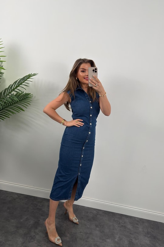 Premium Seri Likralı Drapeli Midi Boy Jean Elbise