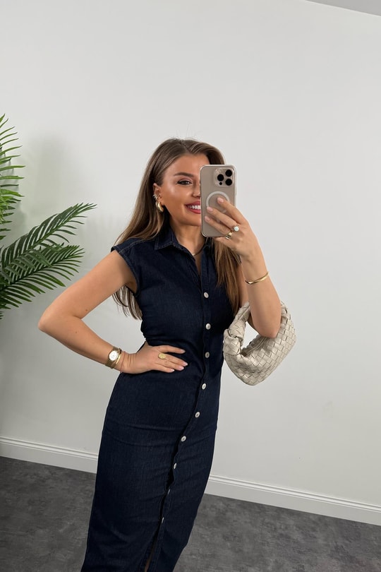 Premium Seri Likralı Drapeli Midi Boy Jean Elbise Lacivert