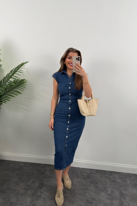 Premium Seri Likralı Drapeli Midi Boy Jean Elbise