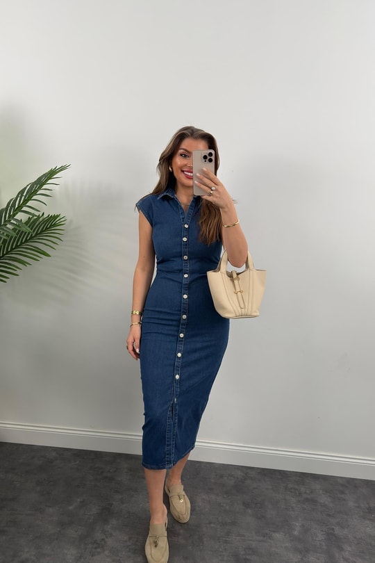 Premium Seri Likralı Drapeli Midi Boy Jean Elbise