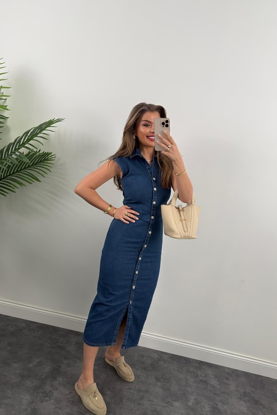 Premium Seri Likralı Drapeli Midi Boy Jean Elbise