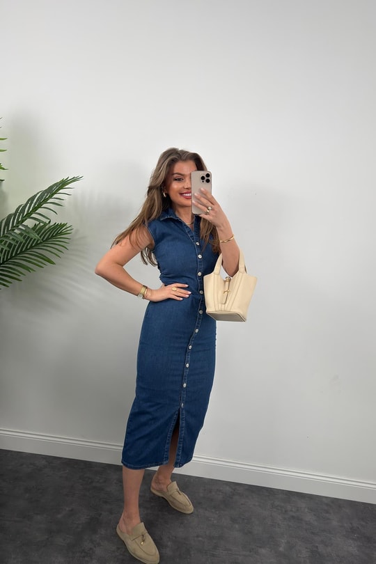 Premium Seri Likralı Drapeli Midi Boy Jean Elbise